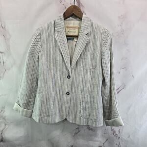 Anthropologie Blazer Womens 4 White Navy Blue Linen Pinstripe Jacket Cartonnier